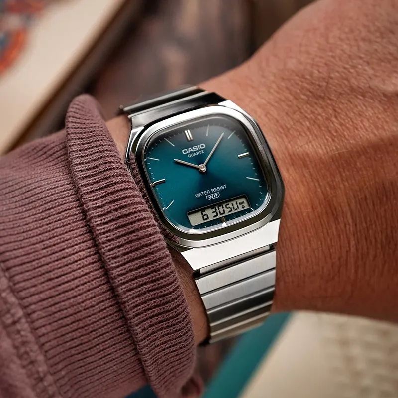 Casio Vintage Teal Dial Duel Time Men's Watch- AQ-240E-3A